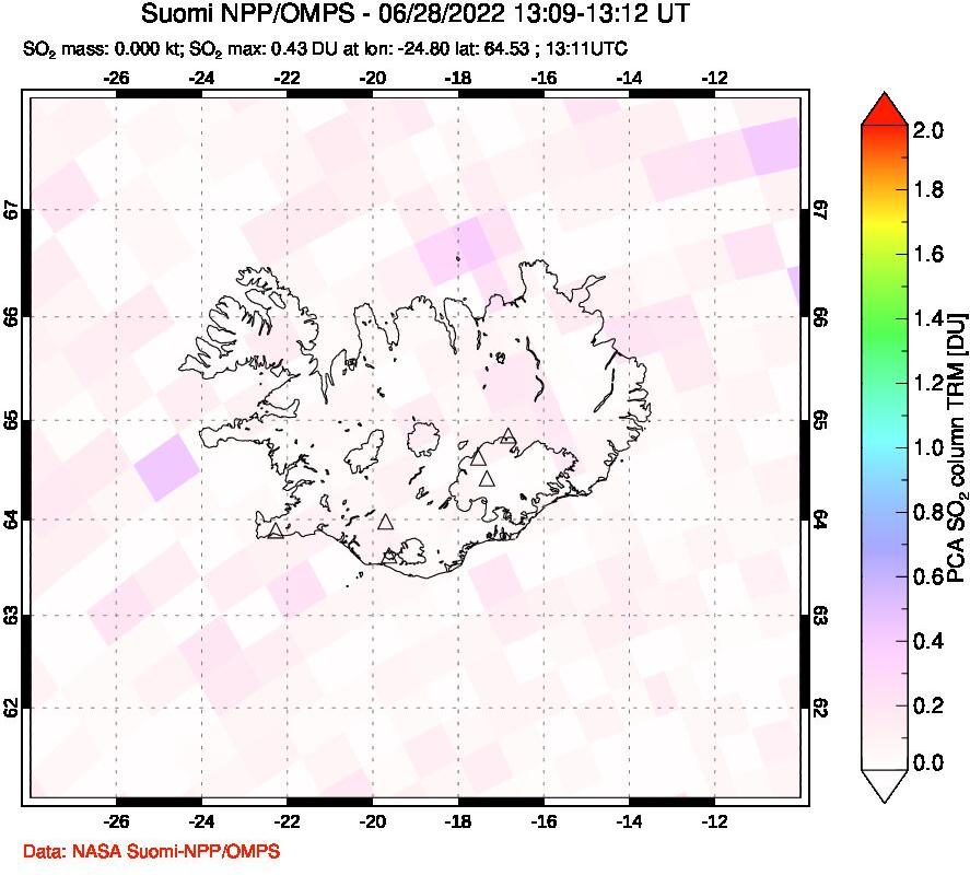 A sulfur dioxide image over Iceland on Jun 28, 2022.