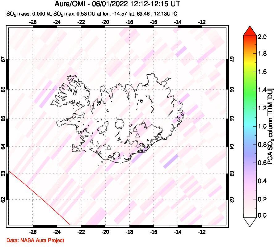 A sulfur dioxide image over Iceland on Jun 01, 2022.