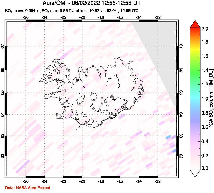 A sulfur dioxide image over Iceland on Jun 02, 2022.