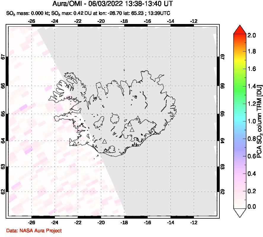 A sulfur dioxide image over Iceland on Jun 03, 2022.