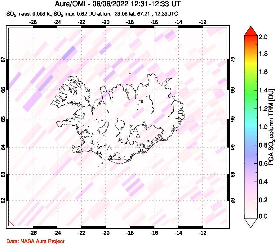 A sulfur dioxide image over Iceland on Jun 06, 2022.