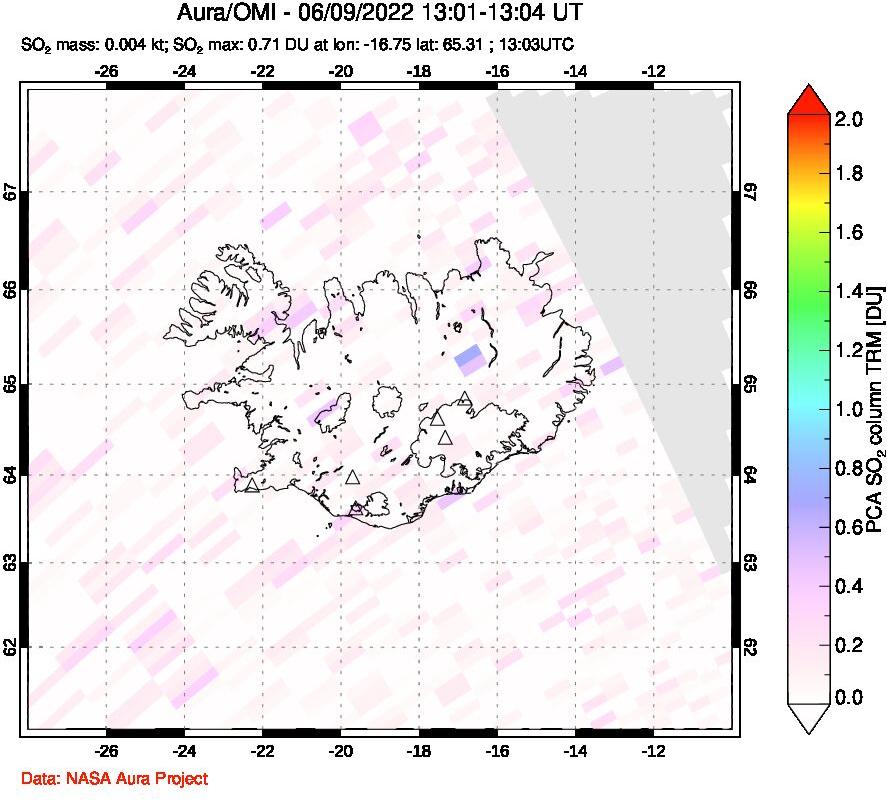 A sulfur dioxide image over Iceland on Jun 09, 2022.