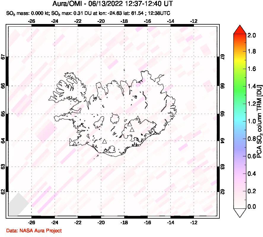 A sulfur dioxide image over Iceland on Jun 13, 2022.