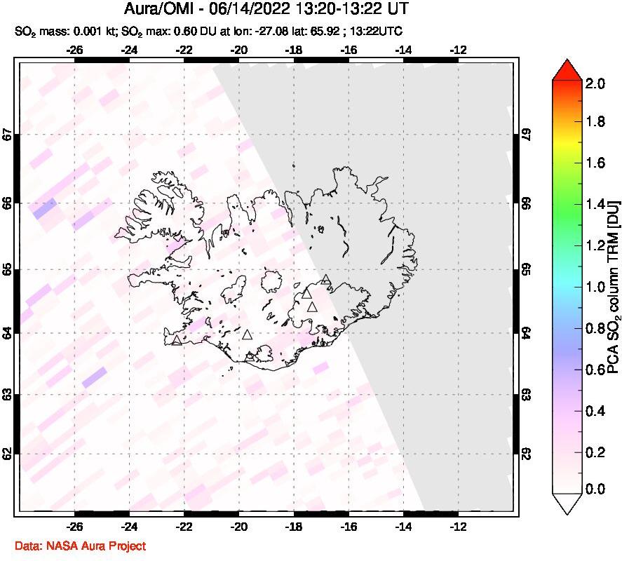 A sulfur dioxide image over Iceland on Jun 14, 2022.