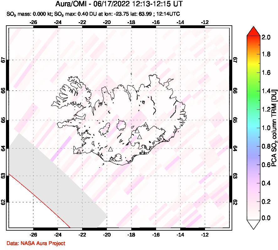 A sulfur dioxide image over Iceland on Jun 17, 2022.