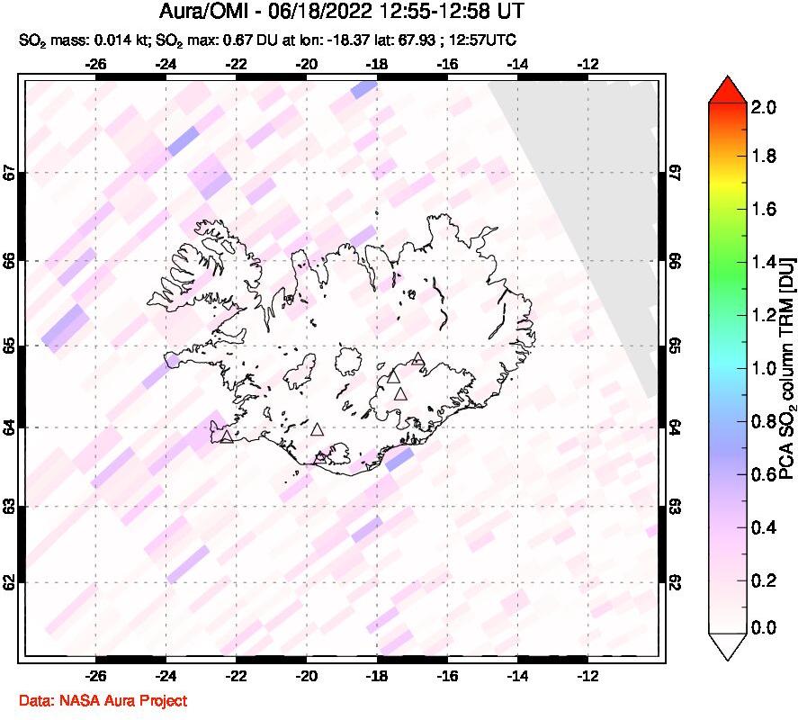 A sulfur dioxide image over Iceland on Jun 18, 2022.
