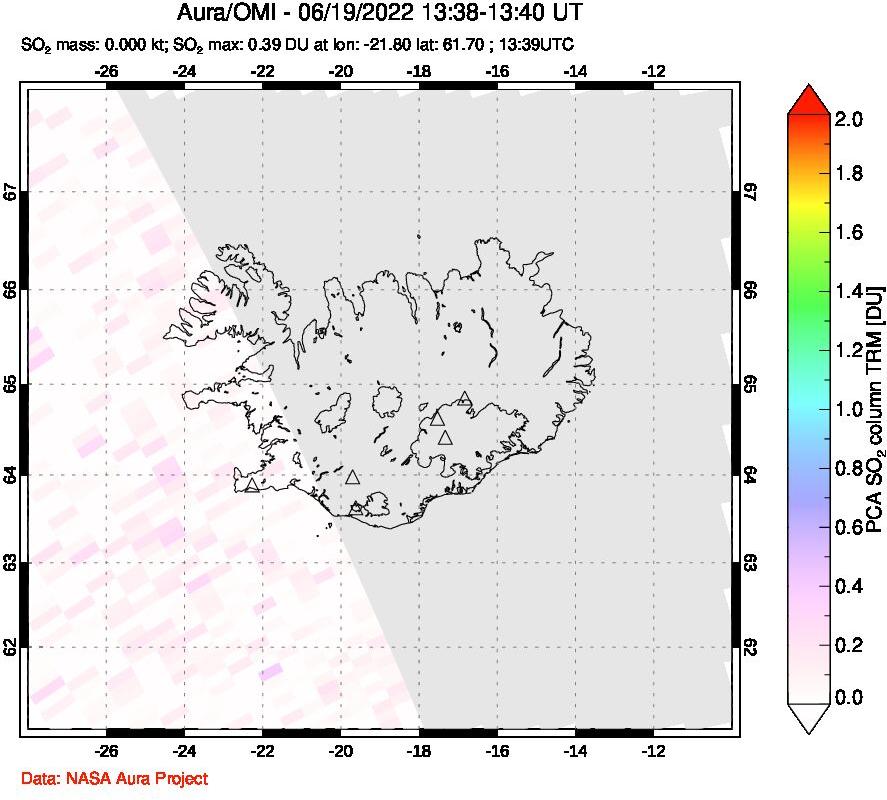 A sulfur dioxide image over Iceland on Jun 19, 2022.