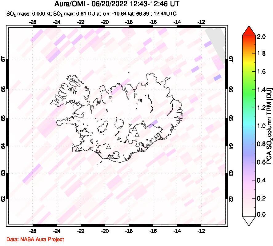 A sulfur dioxide image over Iceland on Jun 20, 2022.