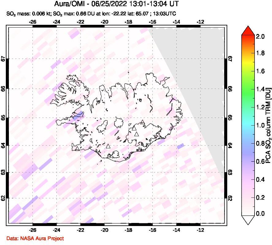 A sulfur dioxide image over Iceland on Jun 25, 2022.