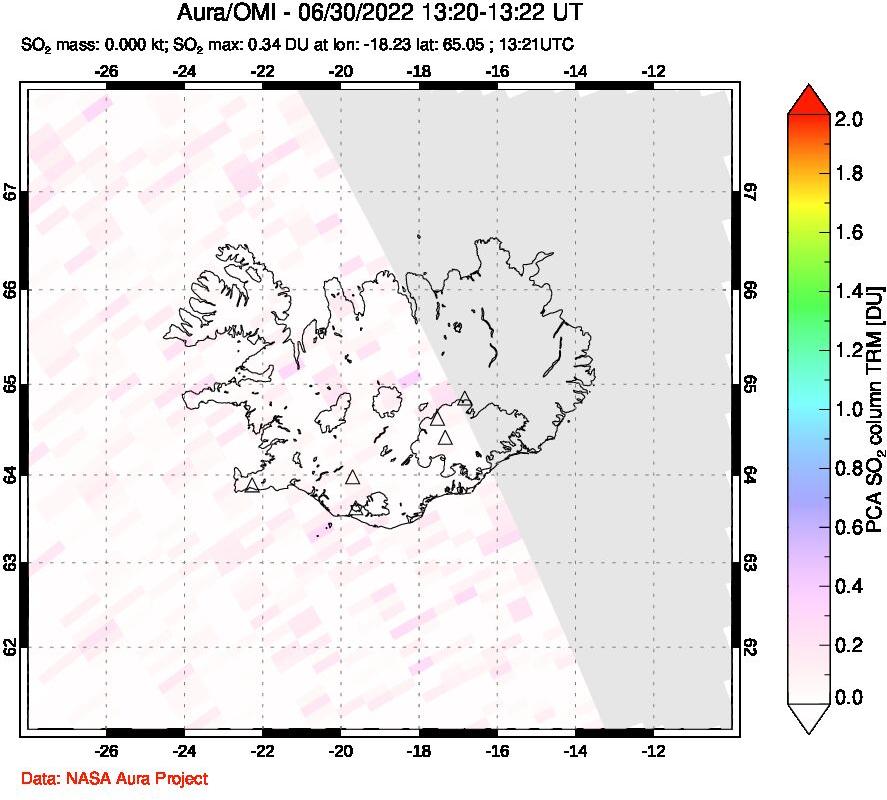 A sulfur dioxide image over Iceland on Jun 30, 2022.