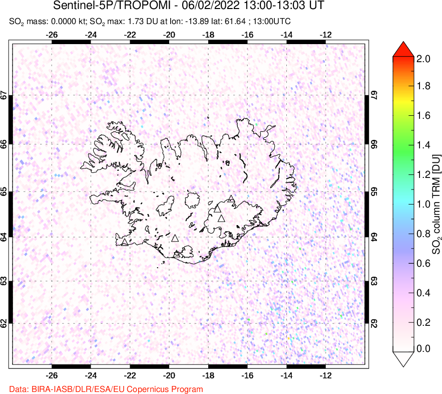 A sulfur dioxide image over Iceland on Jun 02, 2022.