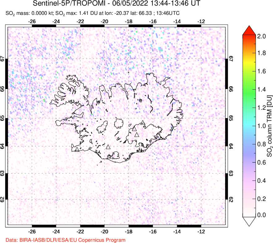 A sulfur dioxide image over Iceland on Jun 05, 2022.