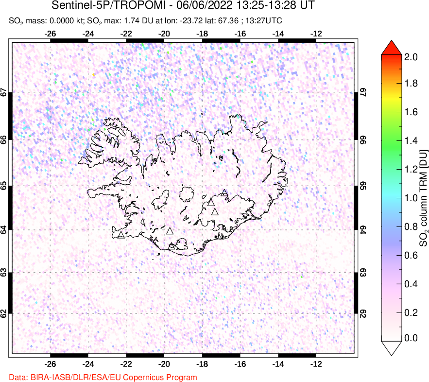 A sulfur dioxide image over Iceland on Jun 06, 2022.