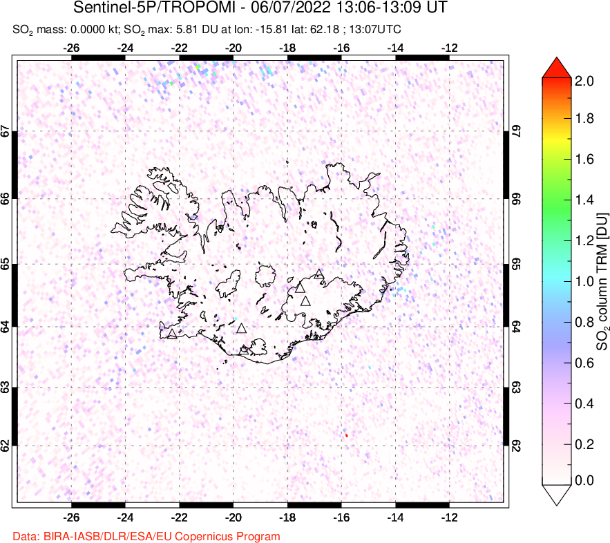 A sulfur dioxide image over Iceland on Jun 07, 2022.