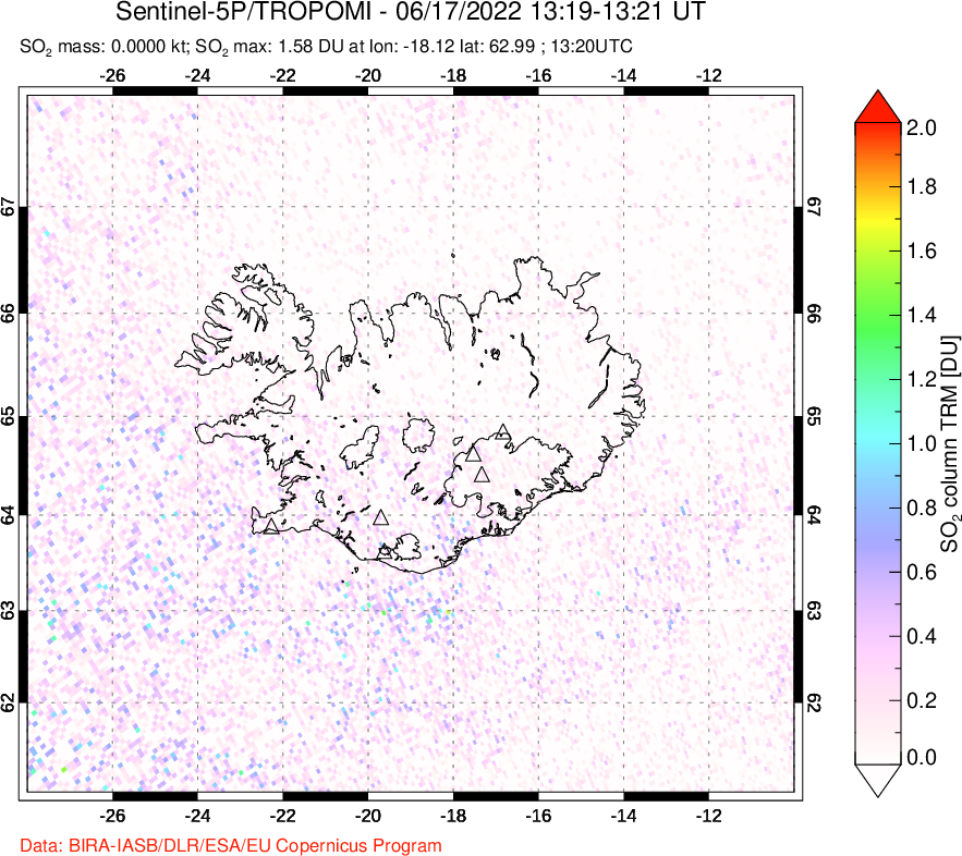 A sulfur dioxide image over Iceland on Jun 17, 2022.