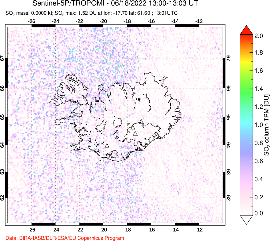 A sulfur dioxide image over Iceland on Jun 18, 2022.