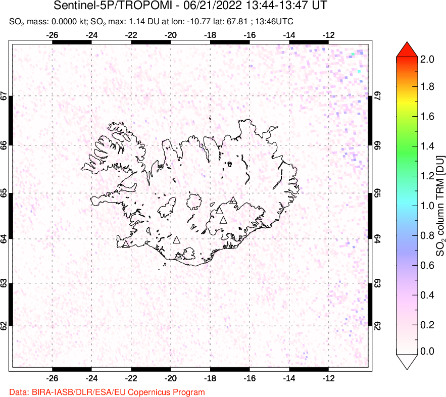 A sulfur dioxide image over Iceland on Jun 21, 2022.