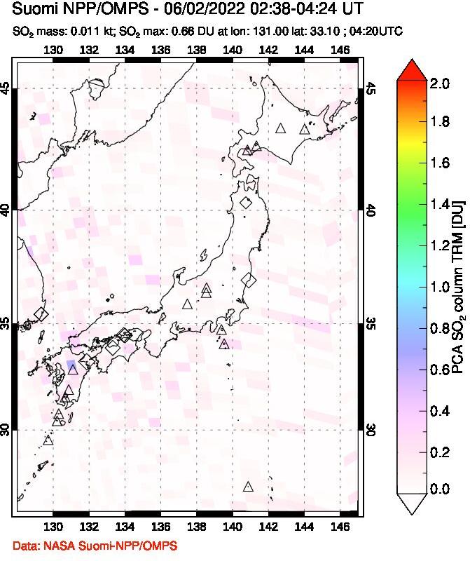 A sulfur dioxide image over Japan on Jun 02, 2022.