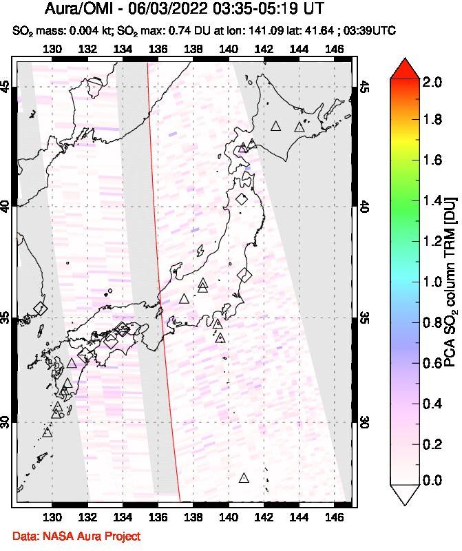 A sulfur dioxide image over Japan on Jun 03, 2022.