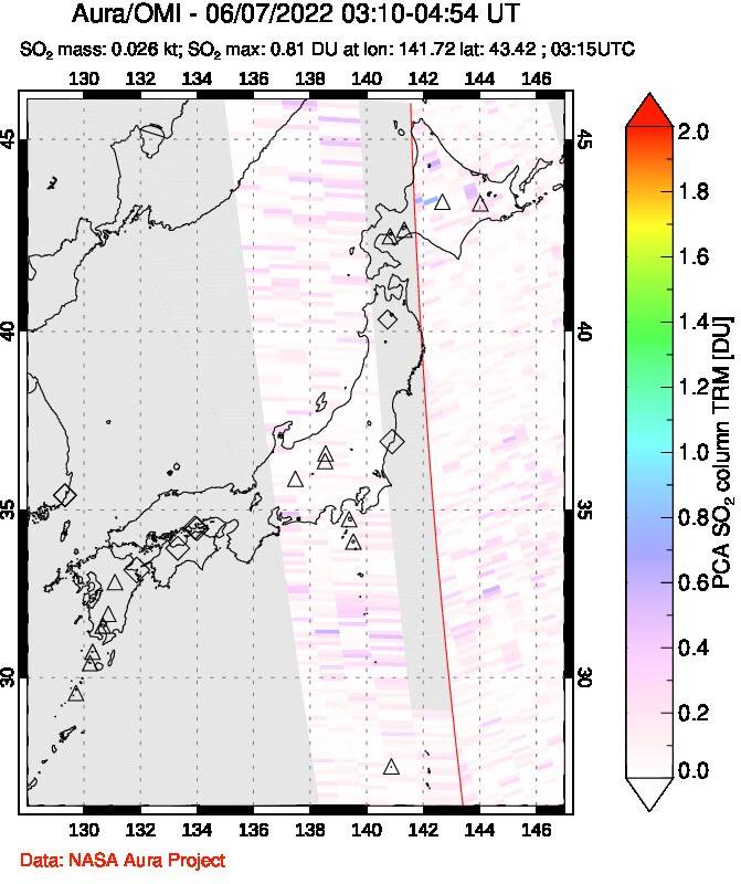A sulfur dioxide image over Japan on Jun 07, 2022.