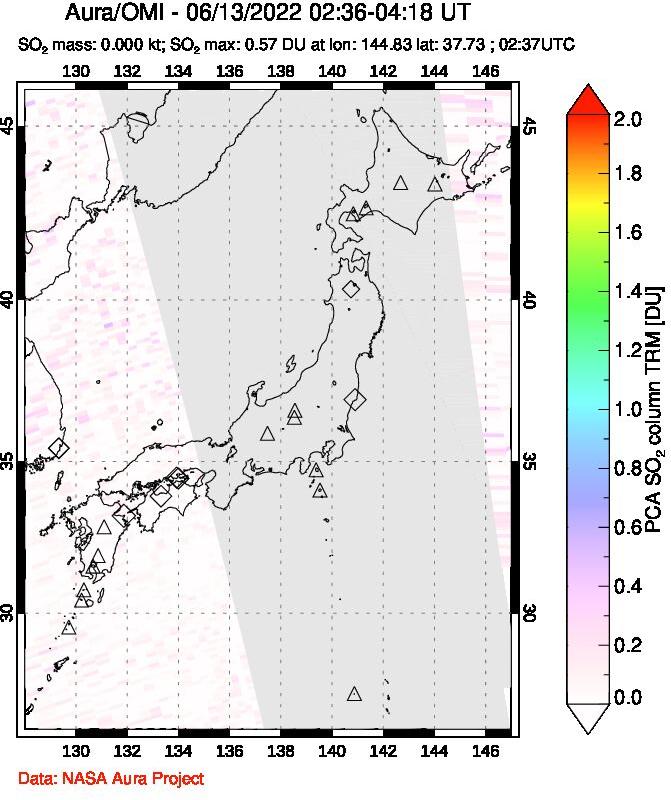 A sulfur dioxide image over Japan on Jun 13, 2022.