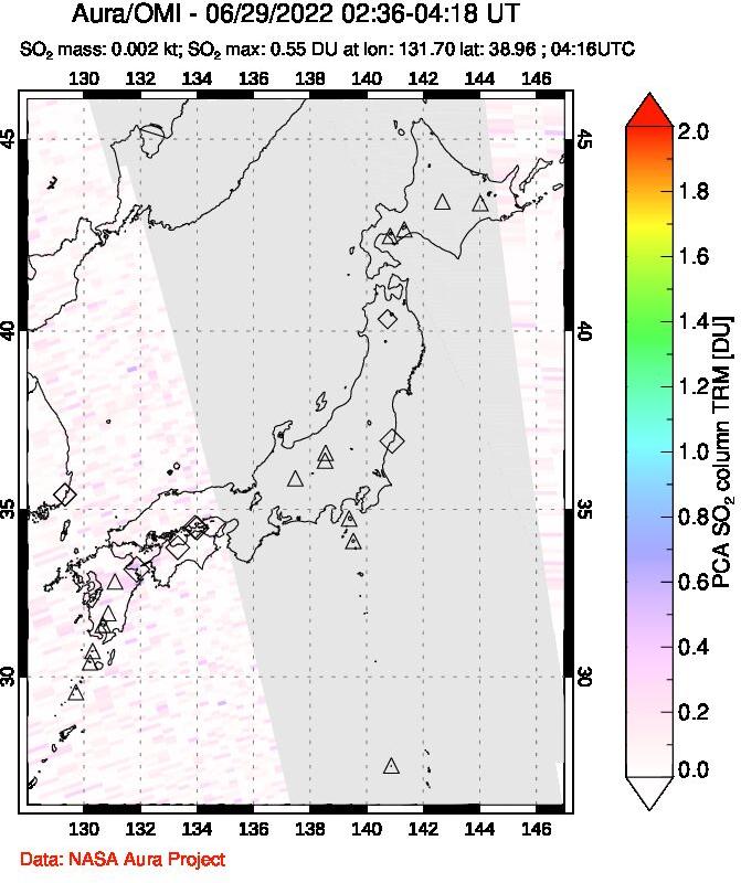 A sulfur dioxide image over Japan on Jun 29, 2022.