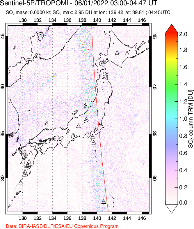 A sulfur dioxide image over Japan on Jun 01, 2022.
