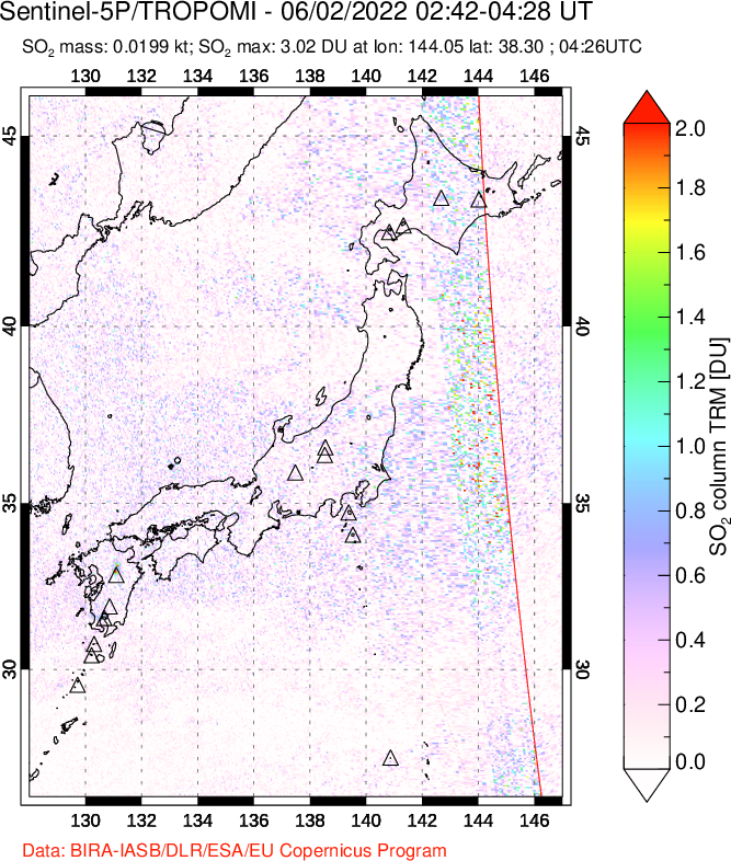 A sulfur dioxide image over Japan on Jun 02, 2022.