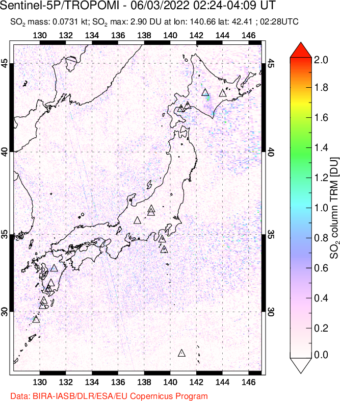 A sulfur dioxide image over Japan on Jun 03, 2022.
