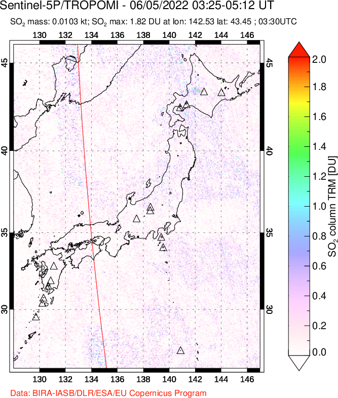 A sulfur dioxide image over Japan on Jun 05, 2022.