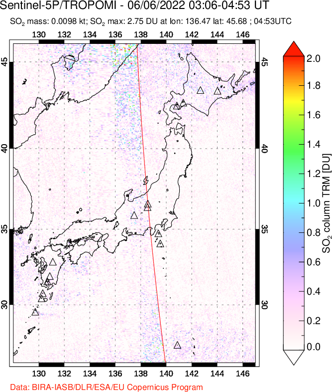 A sulfur dioxide image over Japan on Jun 06, 2022.