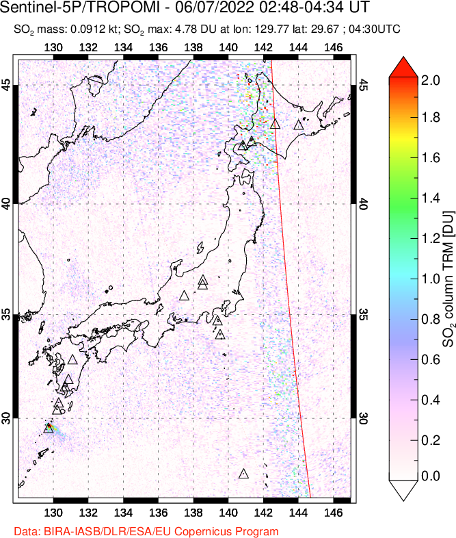A sulfur dioxide image over Japan on Jun 07, 2022.