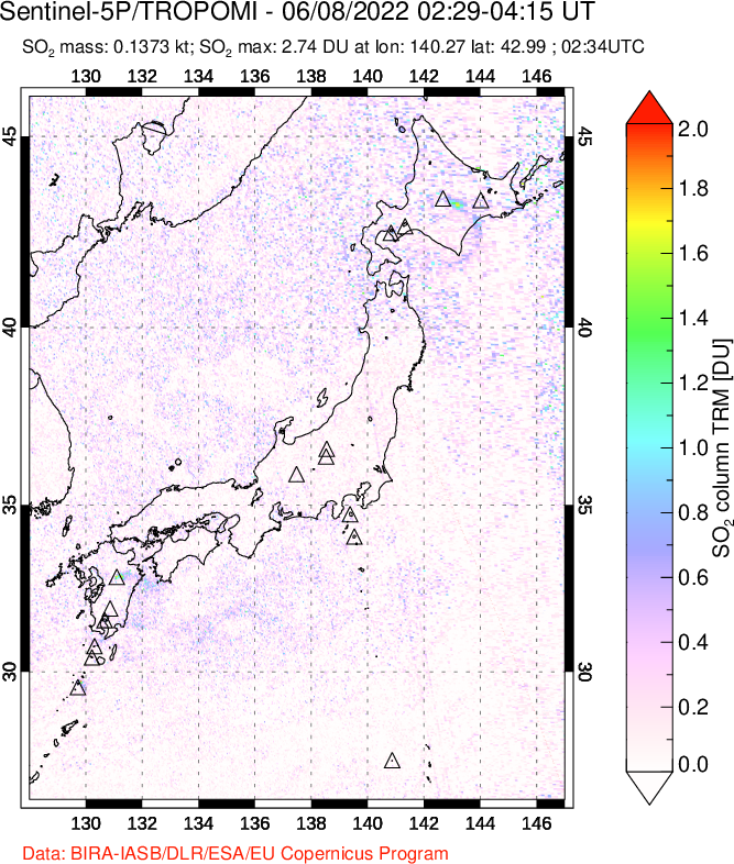 A sulfur dioxide image over Japan on Jun 08, 2022.