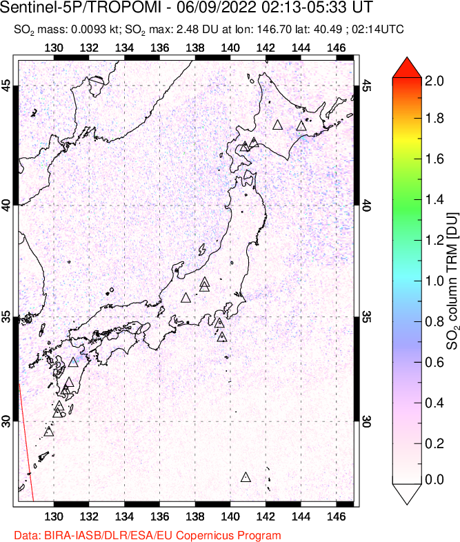 A sulfur dioxide image over Japan on Jun 09, 2022.