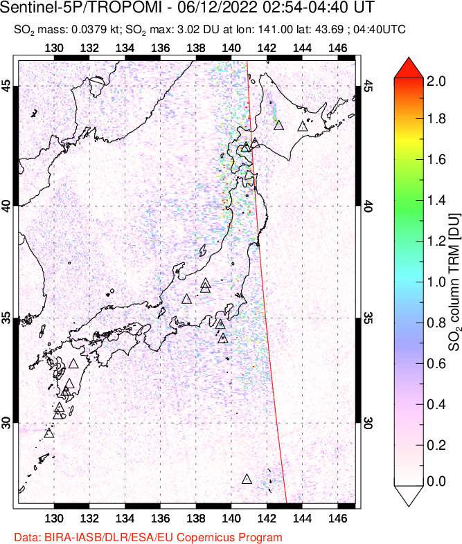 A sulfur dioxide image over Japan on Jun 12, 2022.