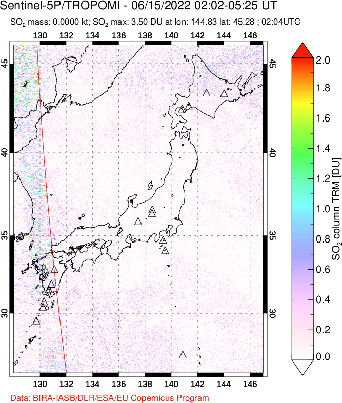 A sulfur dioxide image over Japan on Jun 15, 2022.
