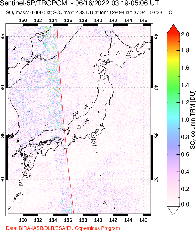 A sulfur dioxide image over Japan on Jun 16, 2022.