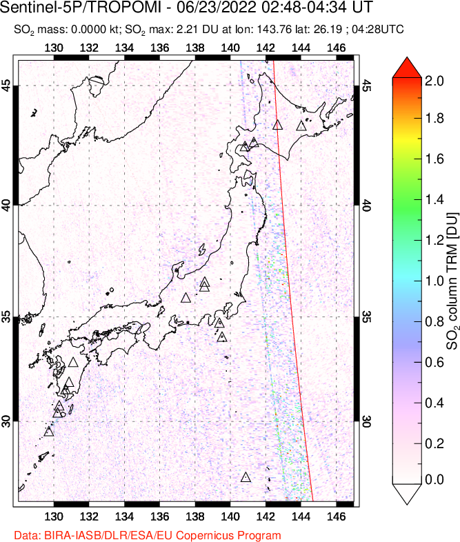 A sulfur dioxide image over Japan on Jun 23, 2022.