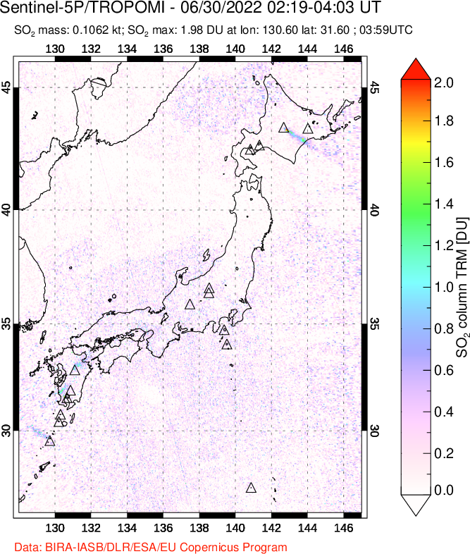 A sulfur dioxide image over Japan on Jun 30, 2022.
