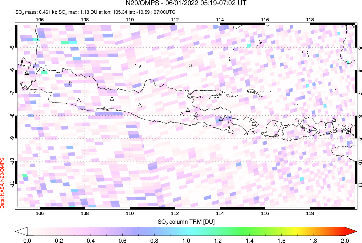 A sulfur dioxide image over Java, Indonesia on Jun 01, 2022.