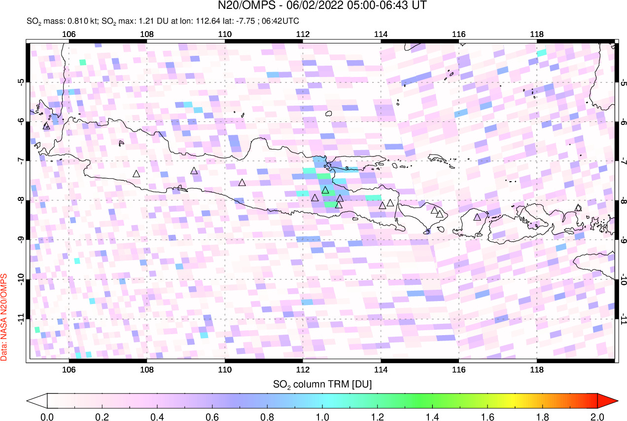 A sulfur dioxide image over Java, Indonesia on Jun 02, 2022.
