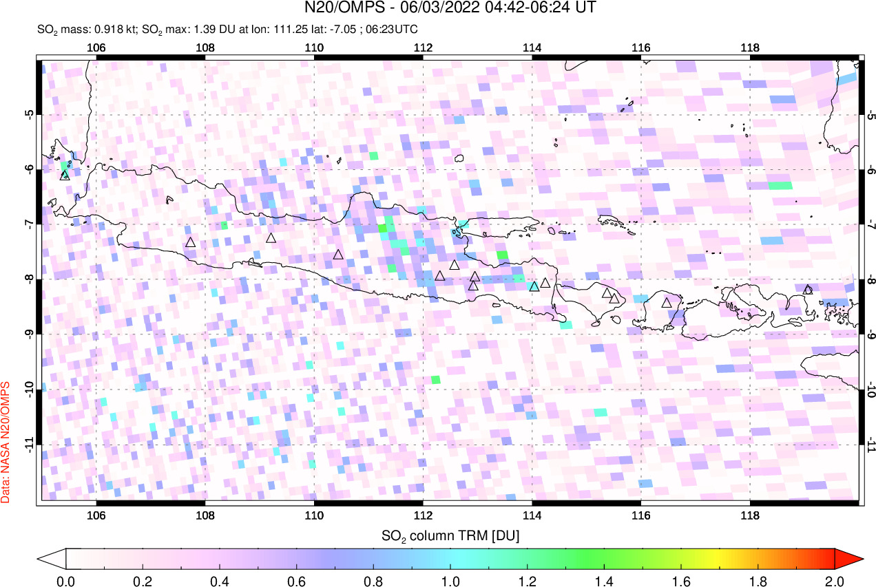 A sulfur dioxide image over Java, Indonesia on Jun 03, 2022.