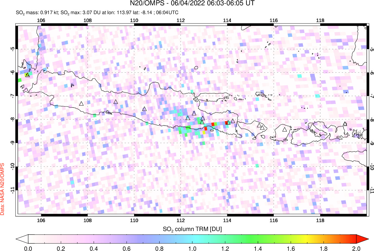 A sulfur dioxide image over Java, Indonesia on Jun 04, 2022.