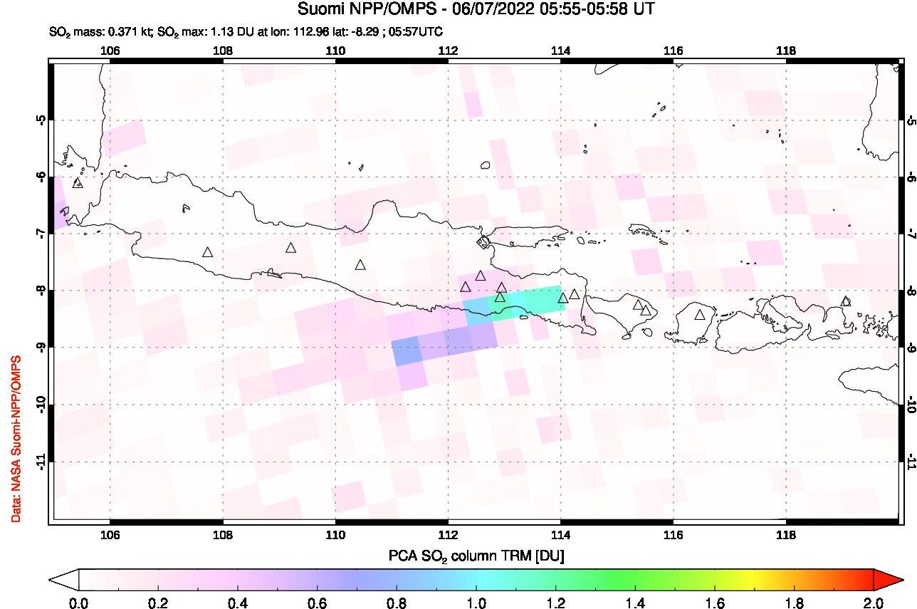 A sulfur dioxide image over Java, Indonesia on Jun 07, 2022.