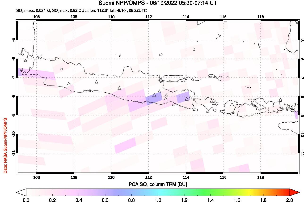 A sulfur dioxide image over Java, Indonesia on Jun 19, 2022.