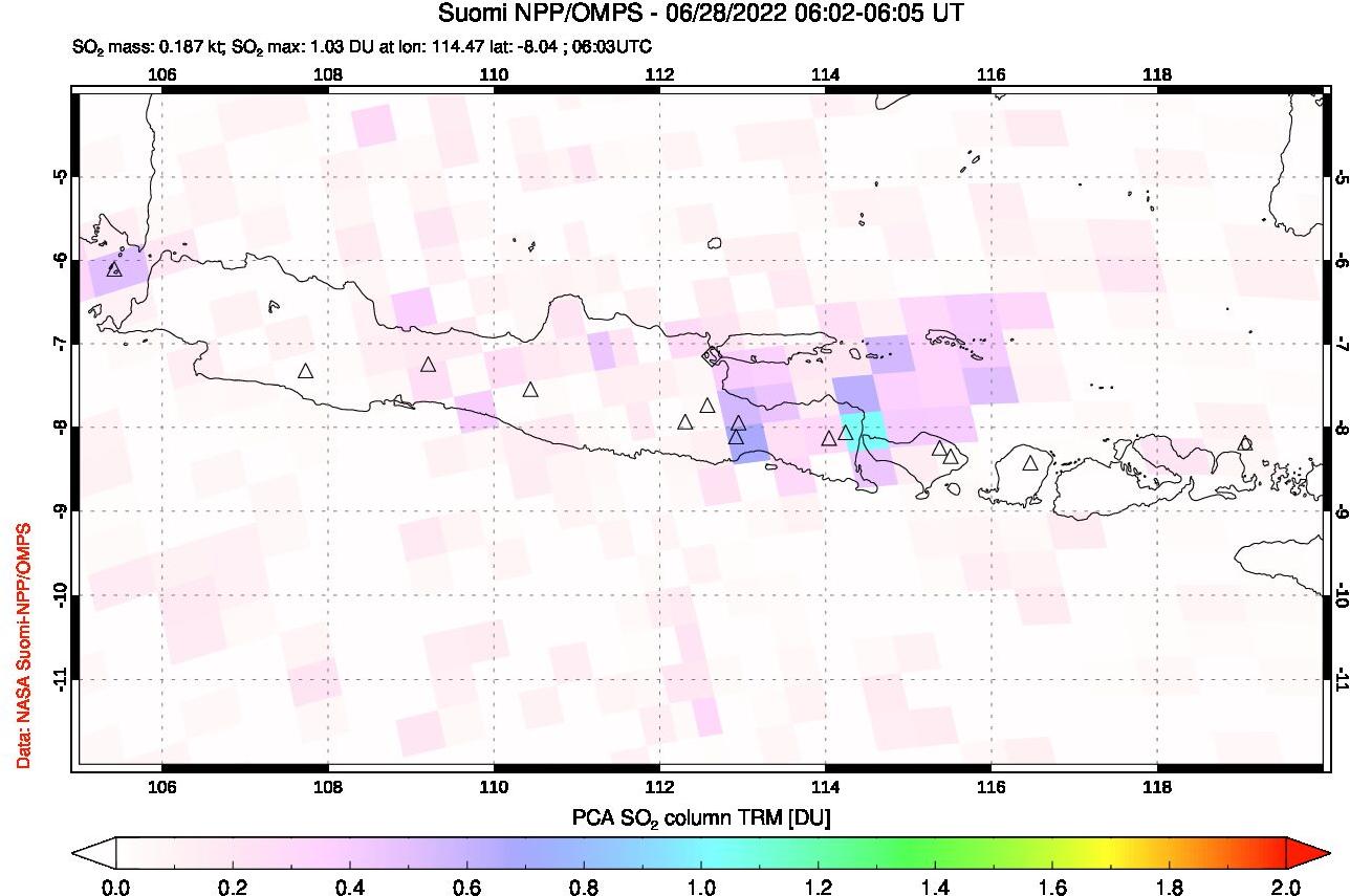 A sulfur dioxide image over Java, Indonesia on Jun 28, 2022.