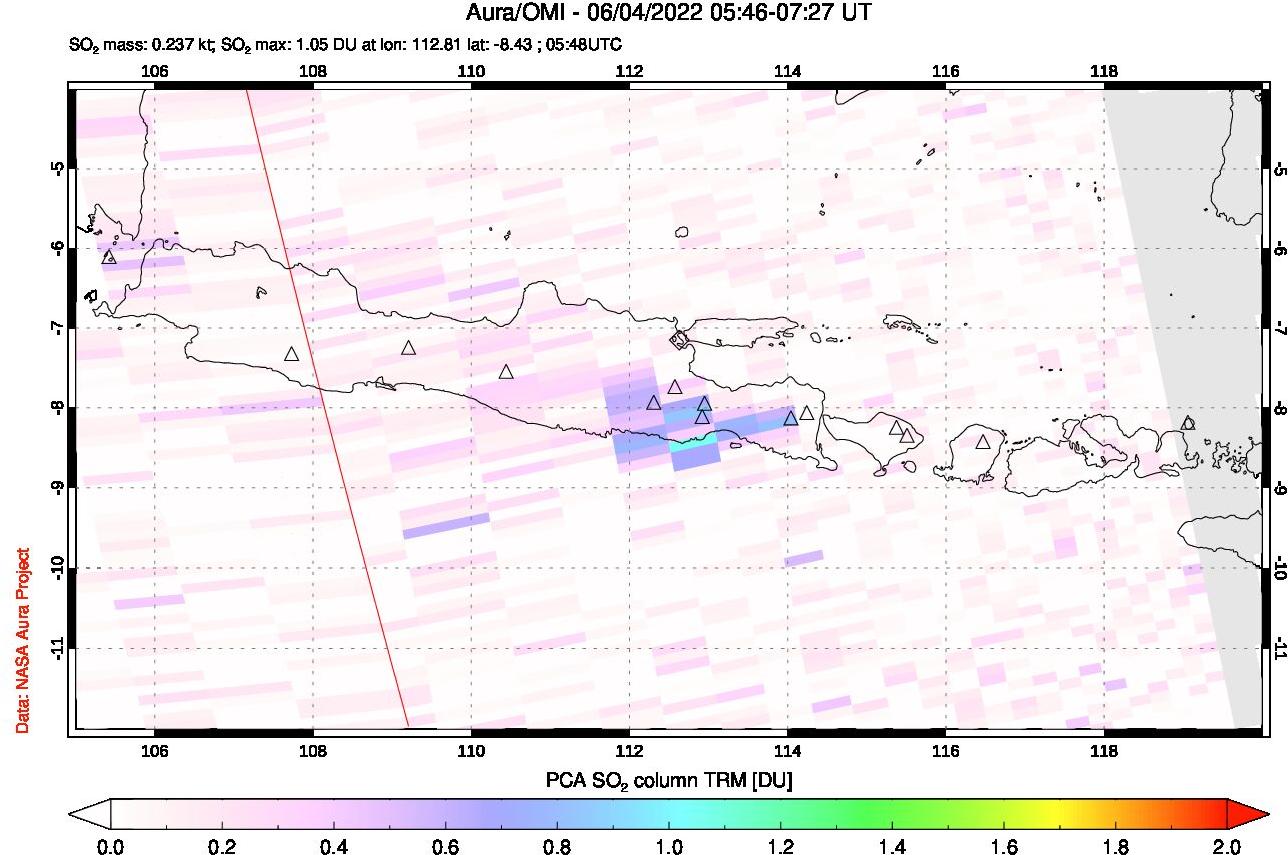 A sulfur dioxide image over Java, Indonesia on Jun 04, 2022.