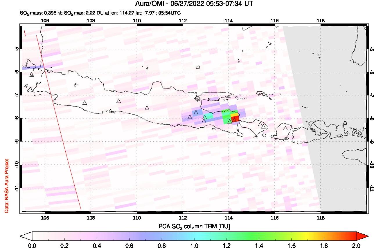 A sulfur dioxide image over Java, Indonesia on Jun 27, 2022.