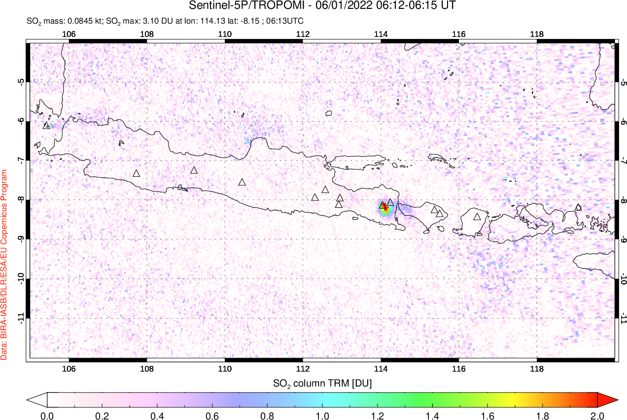 A sulfur dioxide image over Java, Indonesia on Jun 01, 2022.