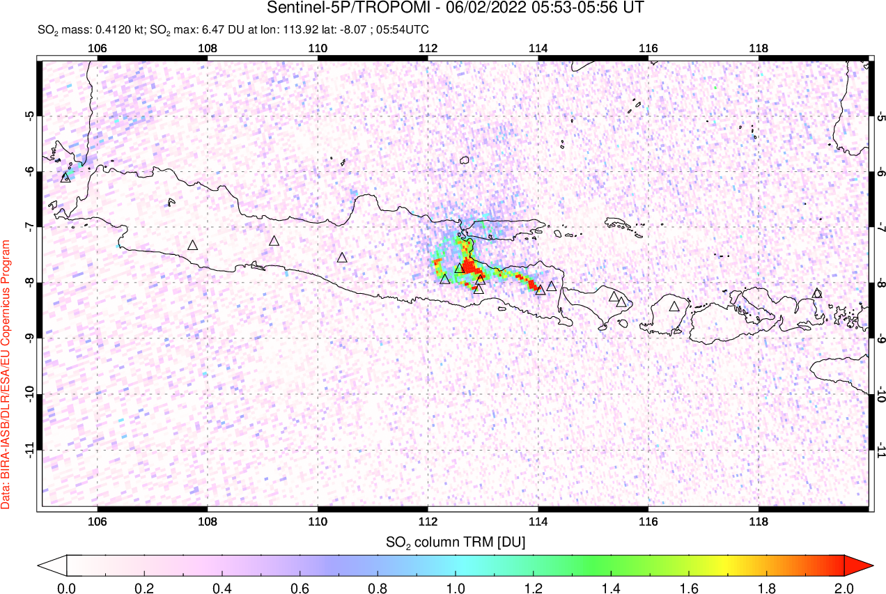 A sulfur dioxide image over Java, Indonesia on Jun 02, 2022.